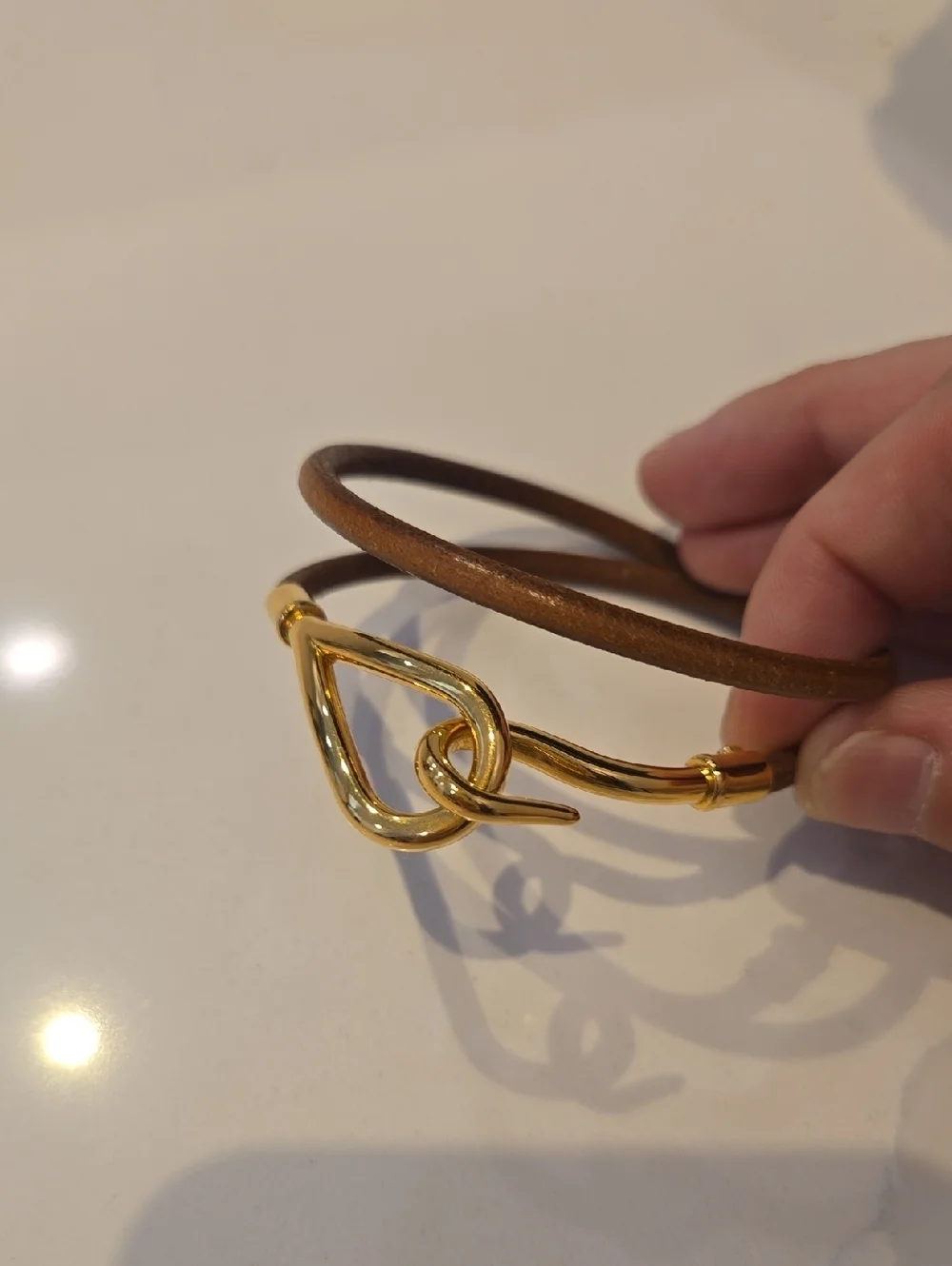 Hermes Gold-Tone Hook Brown Leather Double-Wrap Bracelet, VGUC, Quiet Lux